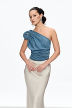 Florence One Shoulder Flower Top in Blue Avalabel
