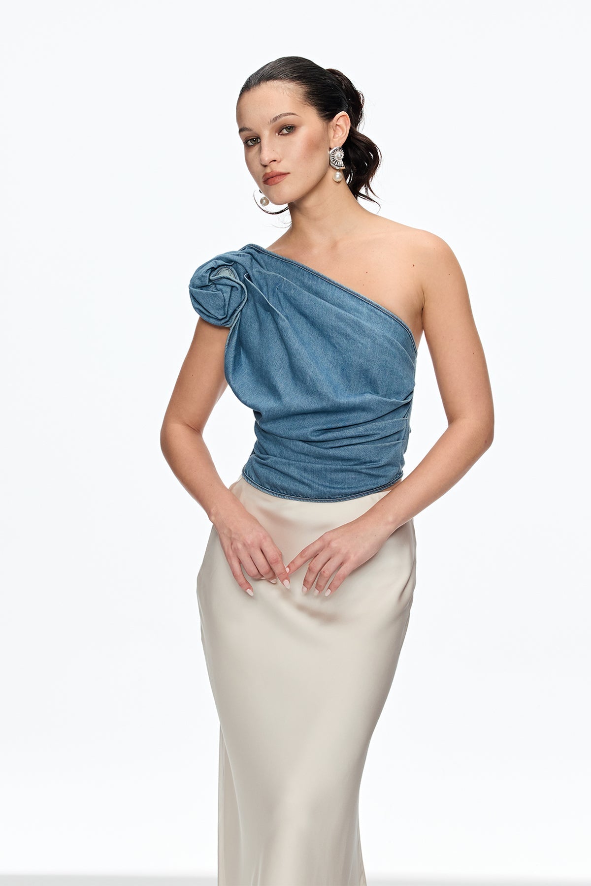 Florence One Shoulder Flower Top in Blue Avalabel