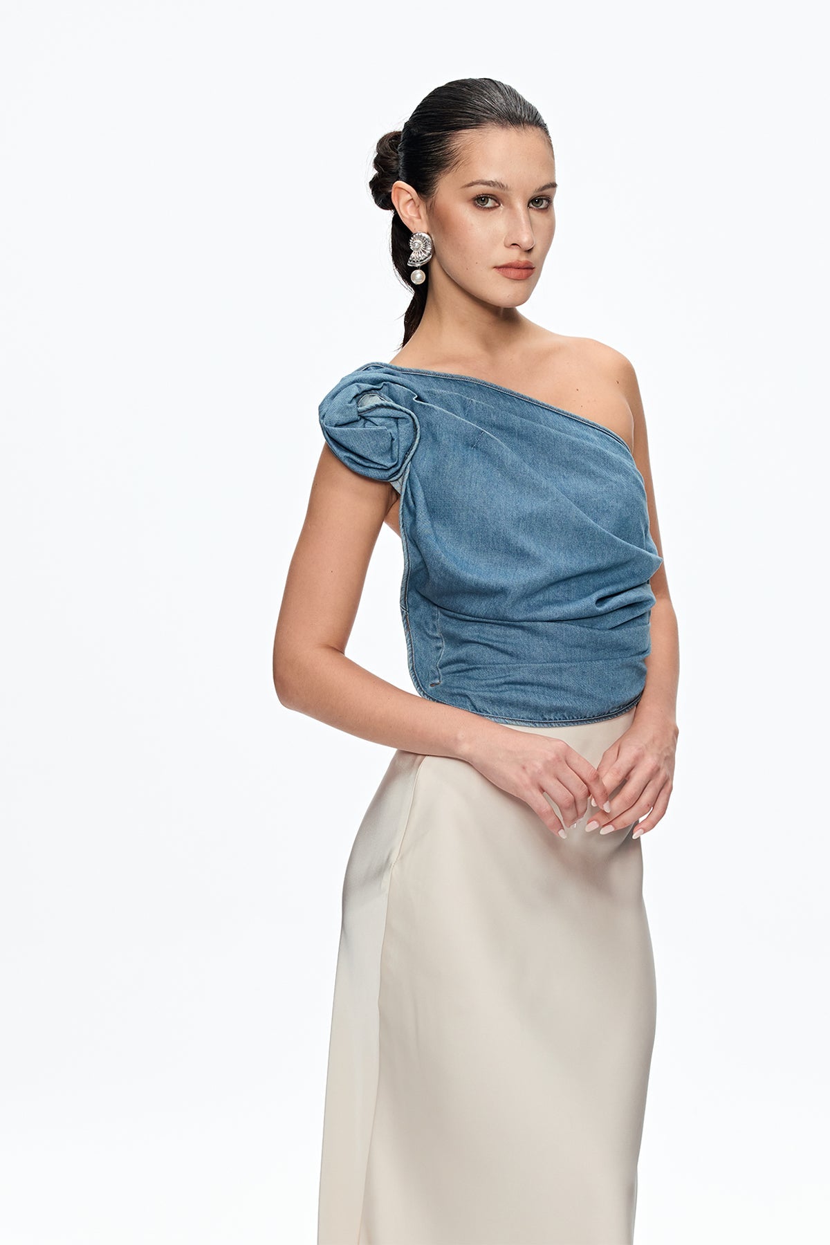 Florence One Shoulder Flower Top in Blue Avalabel