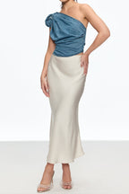 Florence One Shoulder Flower Top in Blue Avalabel
