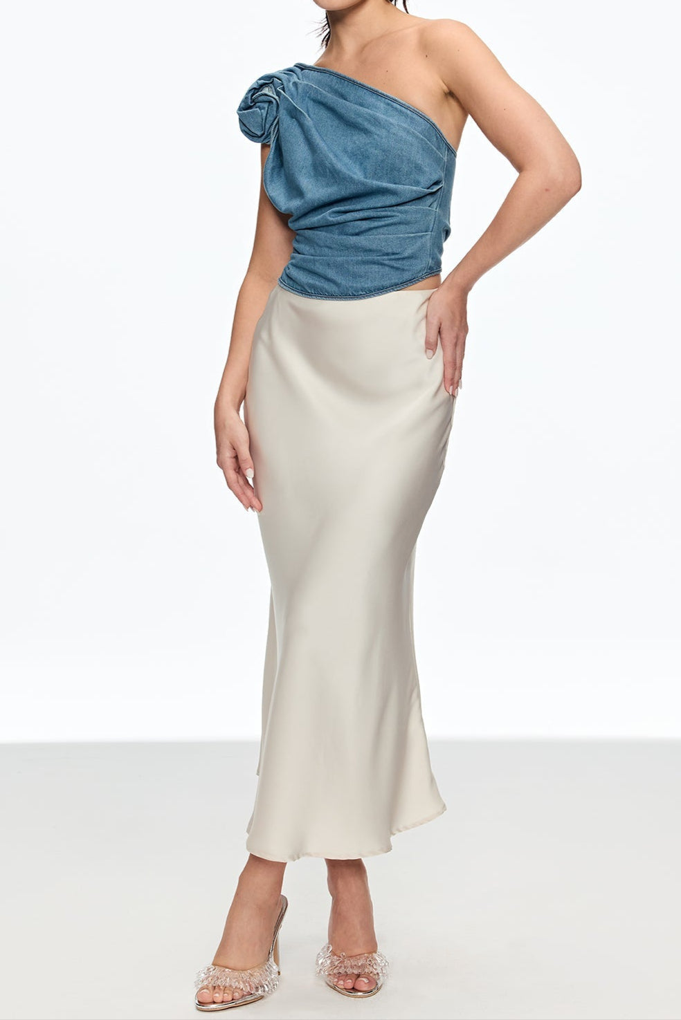 Florence One Shoulder Flower Top in Blue Avalabel