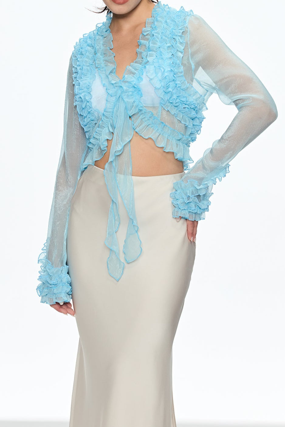 Eudora Ruffle Plunge Lace Up Top in Blue Avalabel