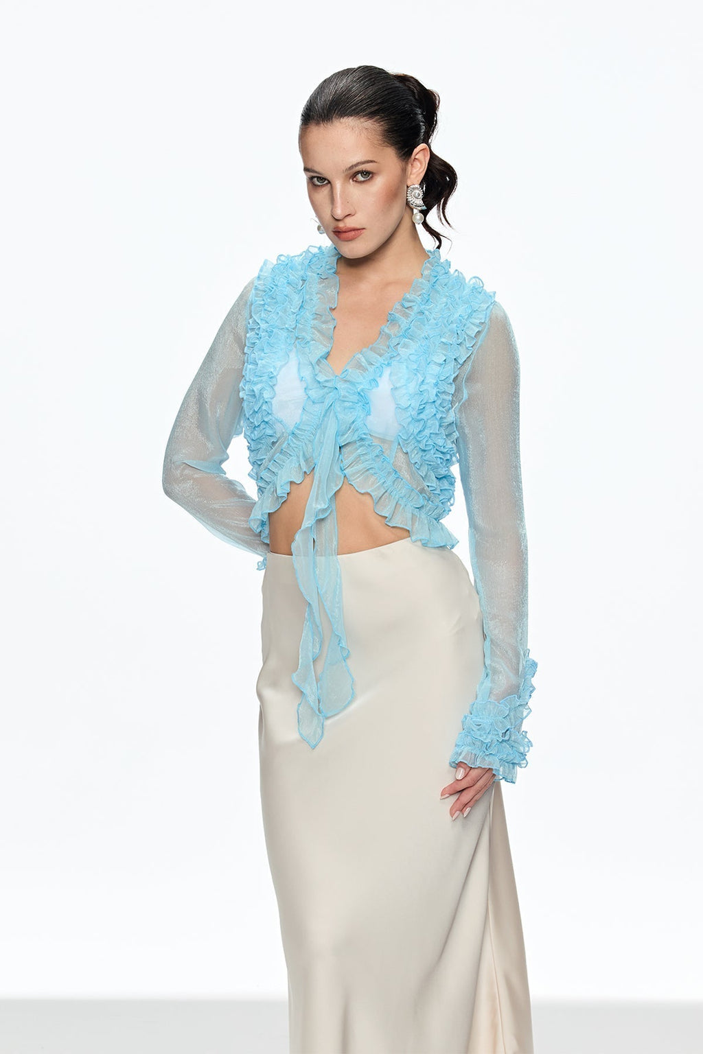 Eudora Ruffle Plunge Lace Up Top in Blue Avalabel