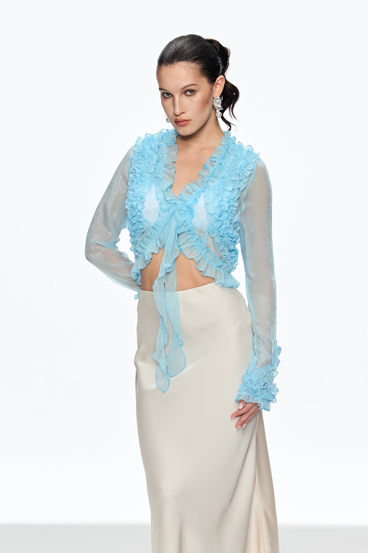Eudora Ruffle Plunge Lace Up Top in Blue Avalabel