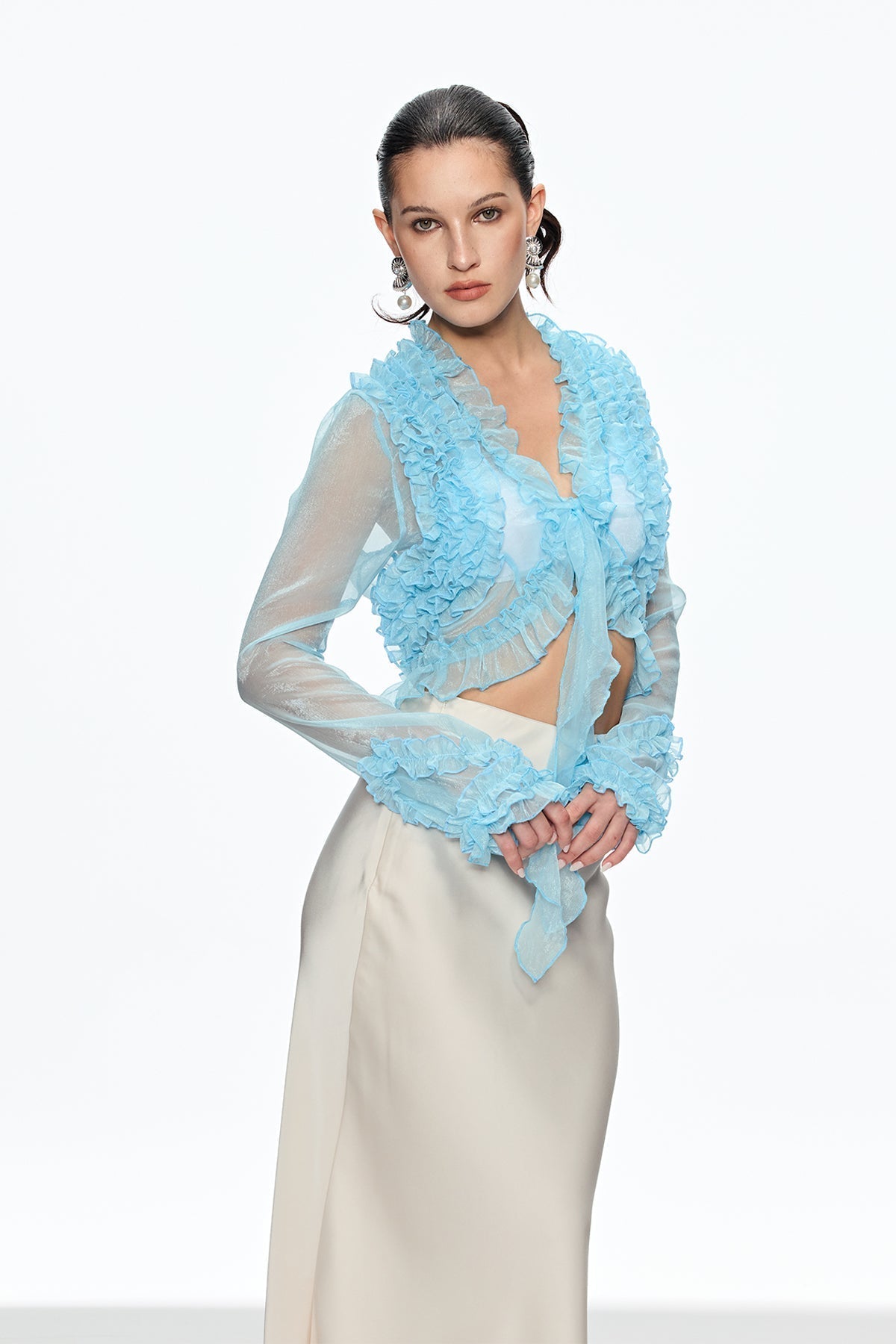 Eudora Ruffle Plunge Lace Up Top in Blue Avalabel