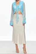 Eudora Ruffle Plunge Lace Up Top in Blue Avalabel