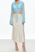 Eudora Ruffle Plunge Lace Up Top in Blue Avalabel