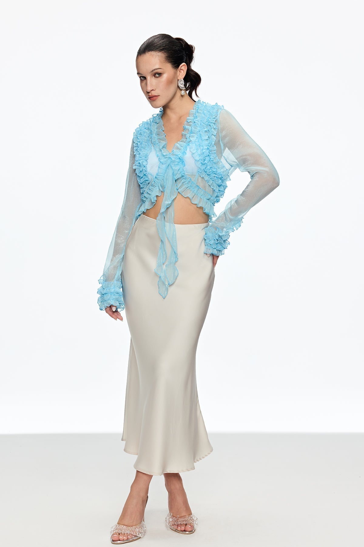 Eudora Ruffle Plunge Lace Up Top in Blue Avalabel