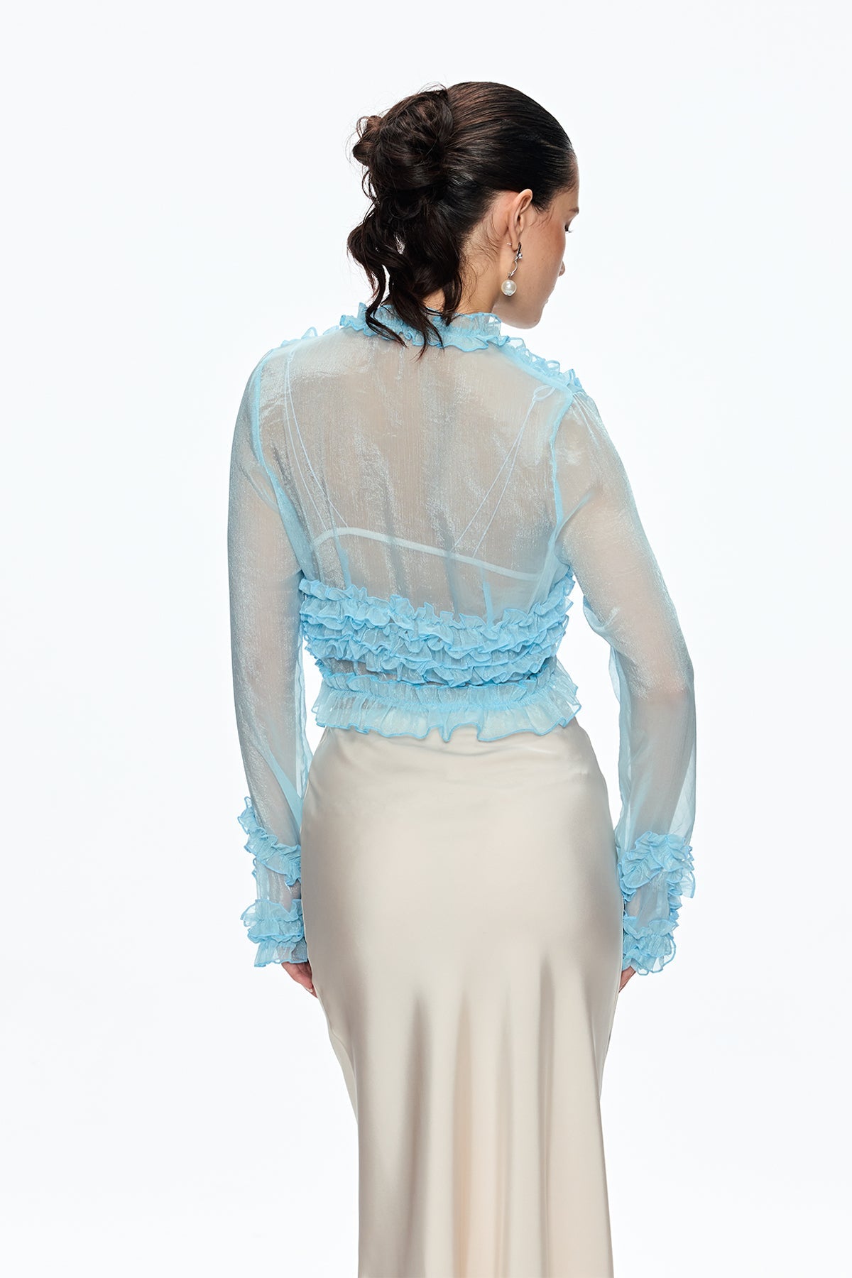 Eudora Ruffle Plunge Lace Up Top in Blue Avalabel
