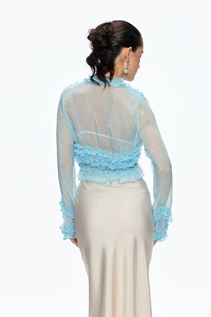 Eudora Ruffle Plunge Lace Up Top in Blue