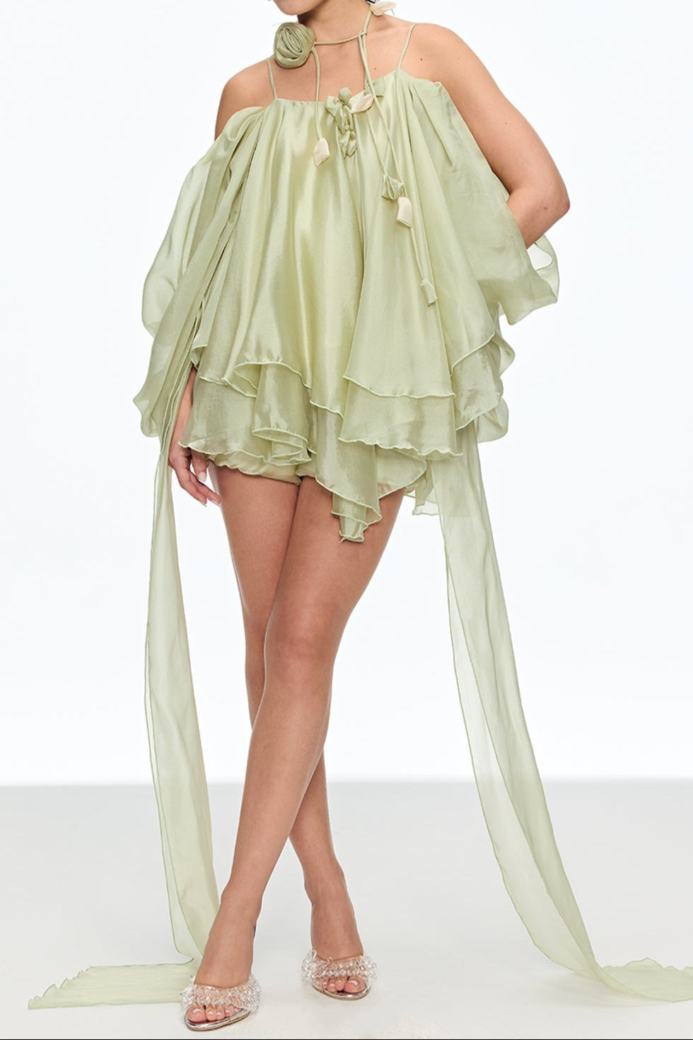Alisa Ruffle Lace Up Fringe Mini Dress in Green Avalabel