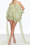 Alisa Ruffle Lace Up Fringe Mini Dress in Green Avalabel