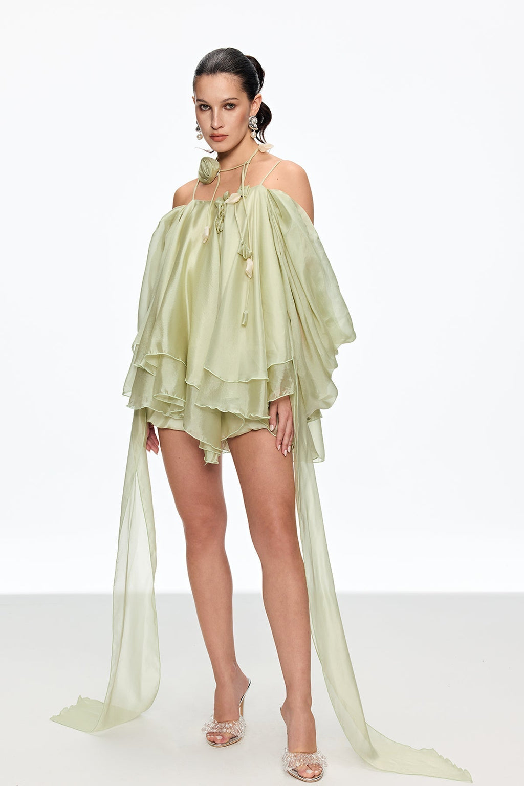 Alisa Ruffle Lace Up Fringe Mini Dress in Green Avalabel