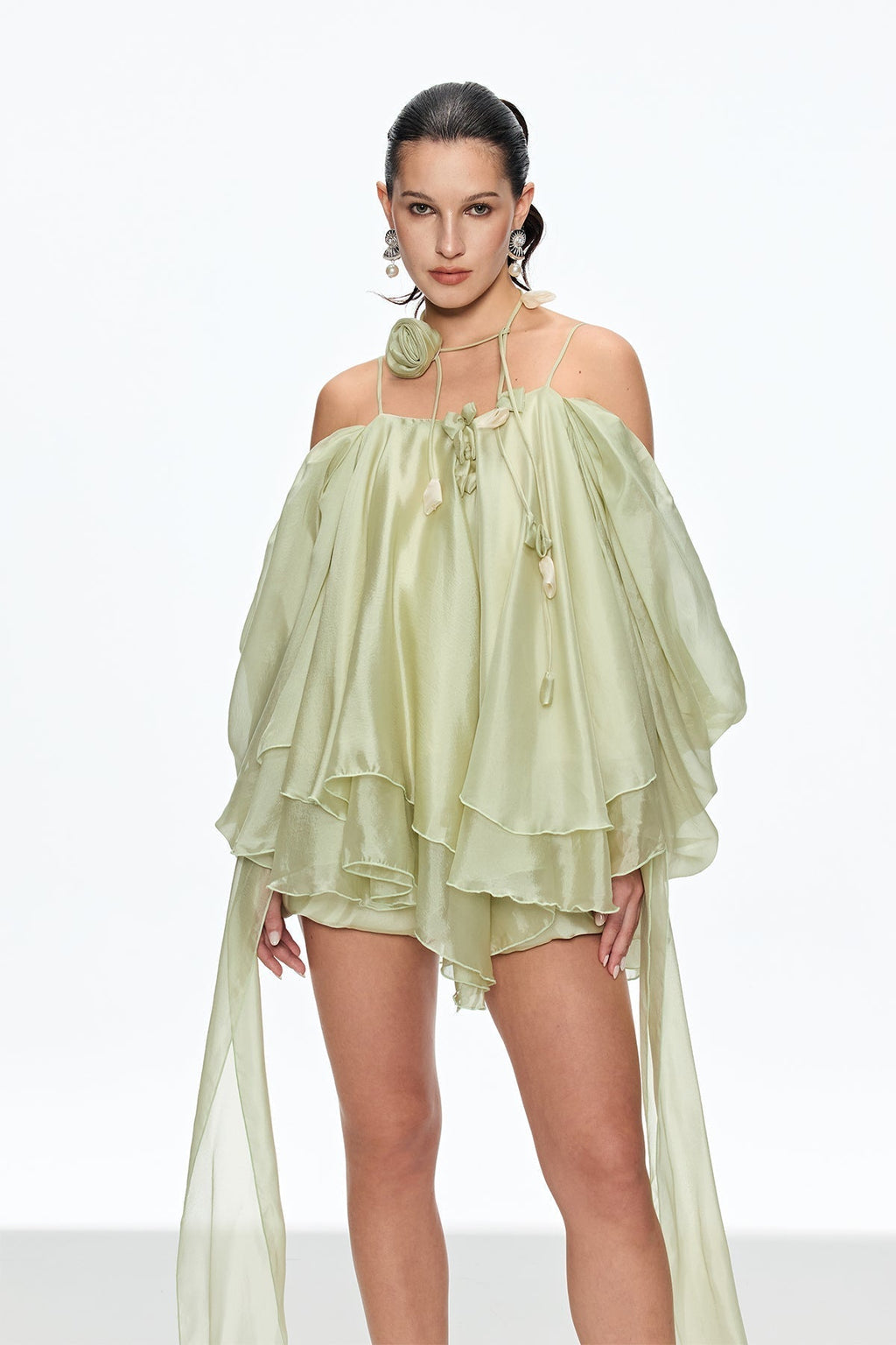Alisa Ruffle Lace Up Fringe Mini Dress in Green Avalabel