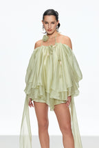 Alisa Ruffle Lace Up Fringe Mini Dress in Green Avalabel