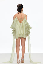 Alisa Ruffle Lace Up Fringe Mini Dress in Green Avalabel