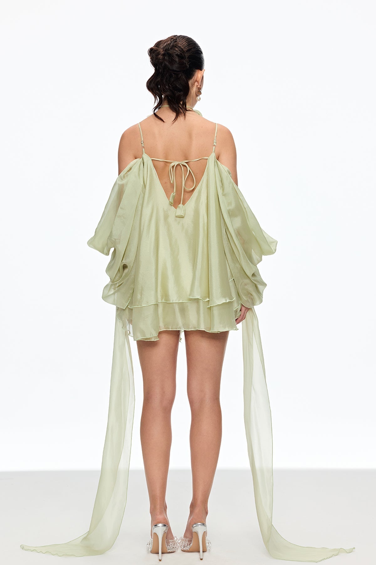 Alisa Ruffle Lace Up Fringe Mini Dress in Green Avalabel