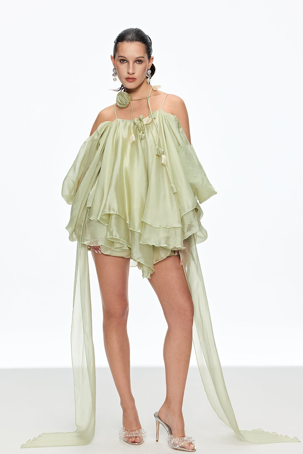 Alisa Ruffle Lace Up Fringe Mini Dress in Green Avalabel