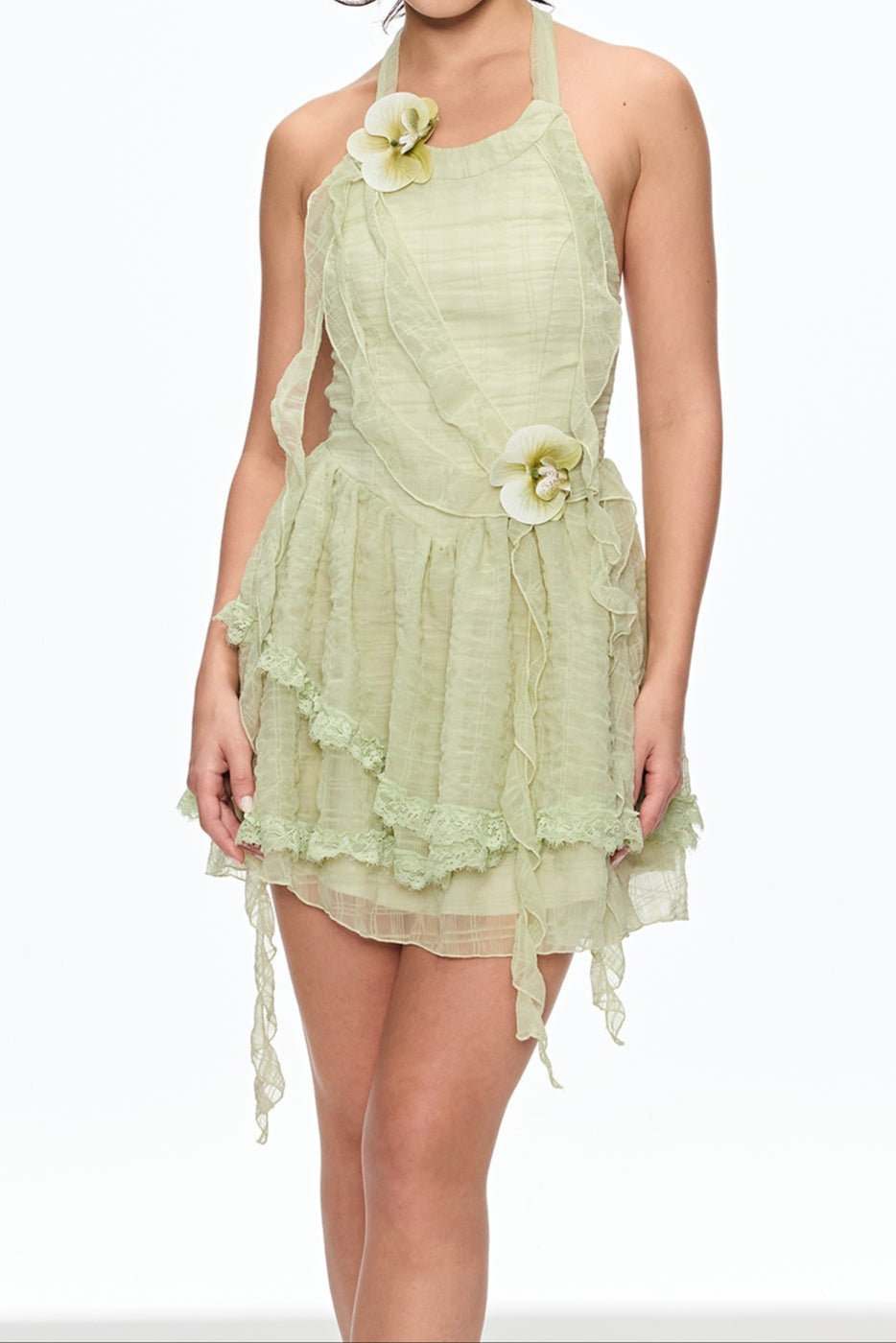 Alyssa Flower Fringe Mini Dress in Green Avalabel