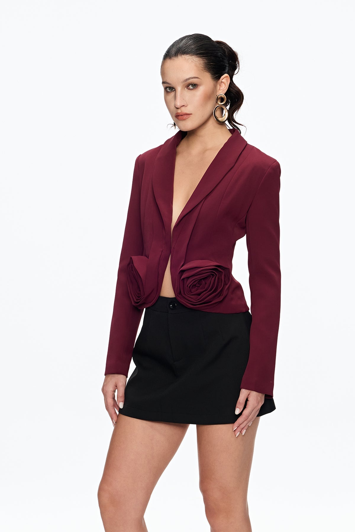 Ashley Flower Plunge Blazer in Burgundy Avalabel
