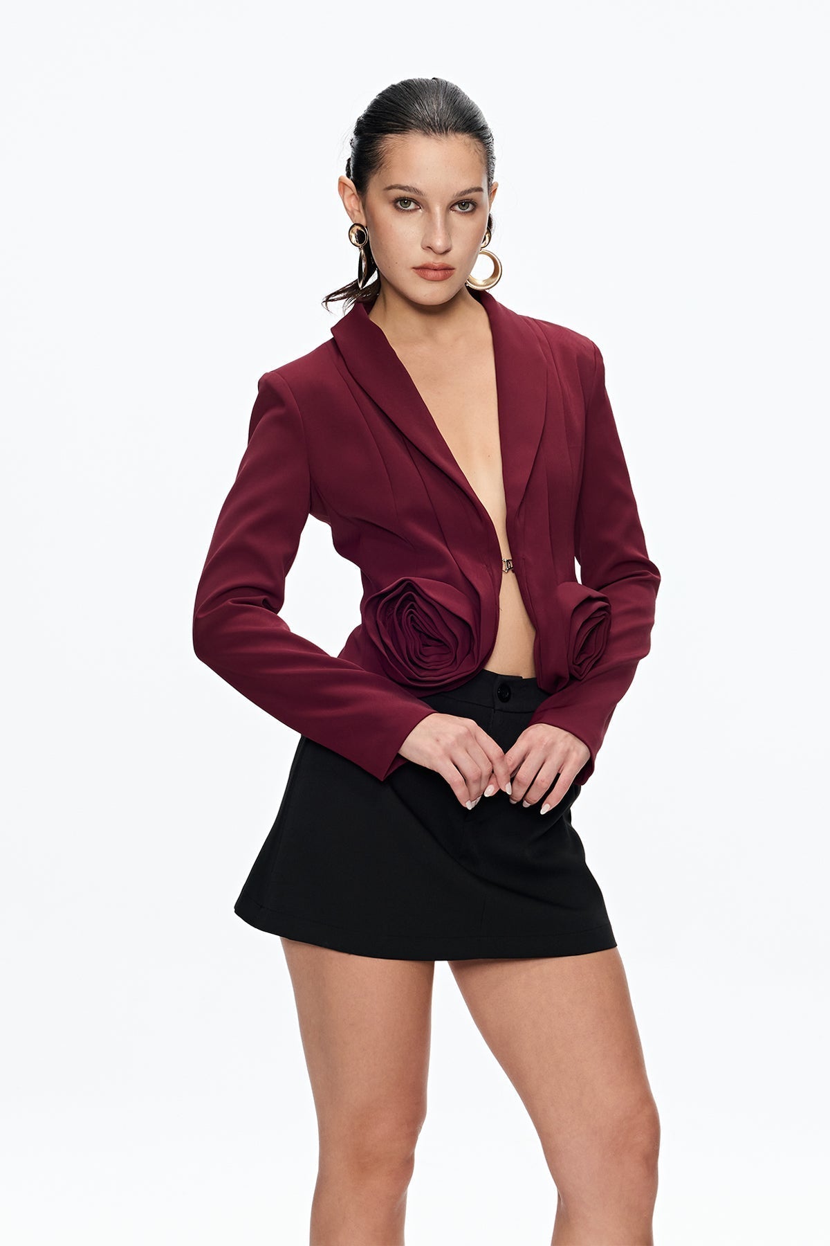 Ashley Flower Plunge Blazer in Burgundy Avalabel