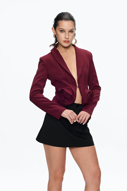 Ashley Flower Plunge Blazer in Burgundy