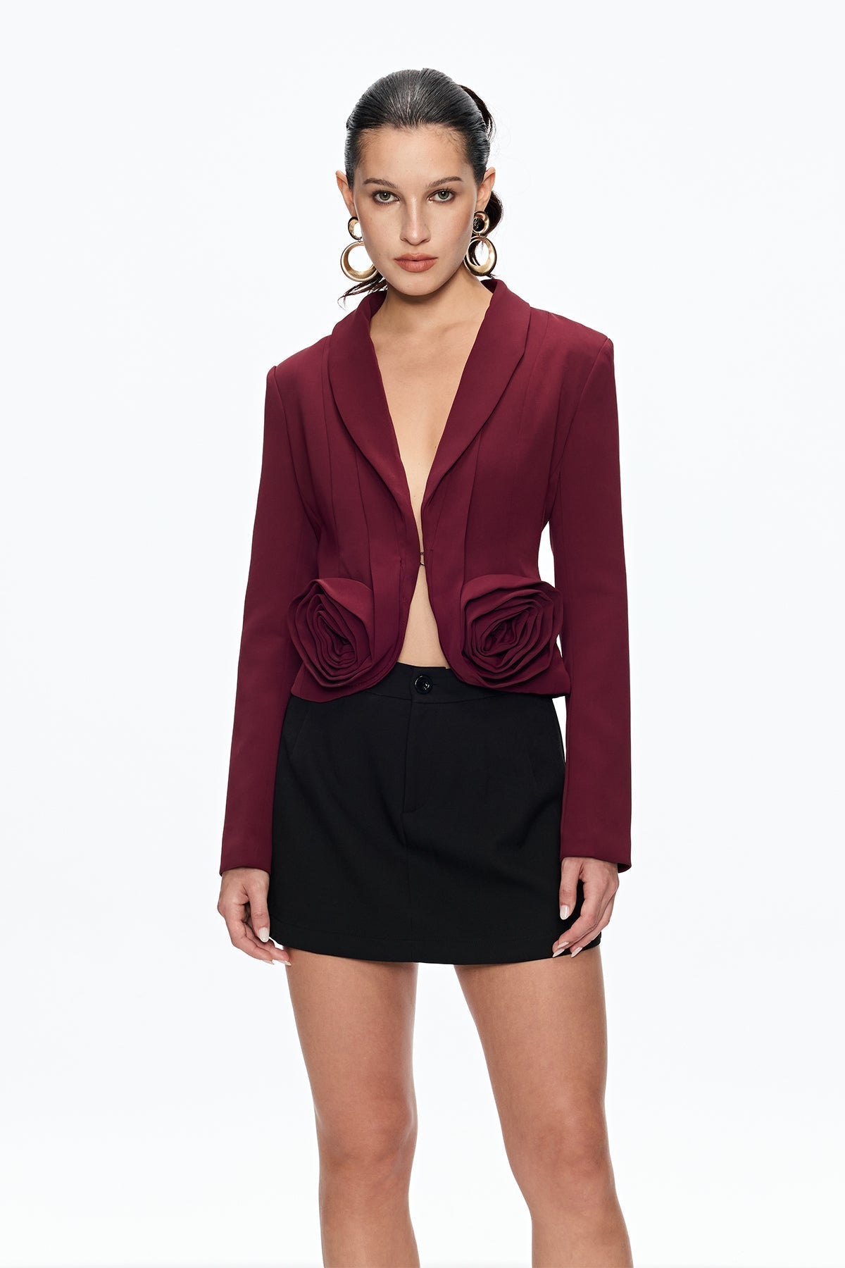 Ashley Flower Plunge Blazer in Burgundy Avalabel