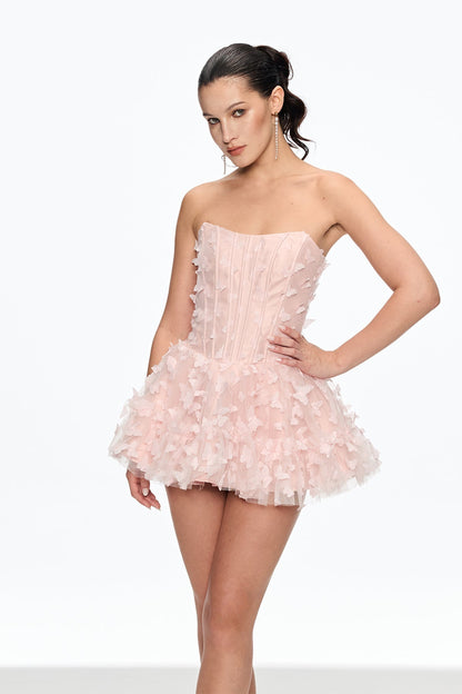 Aurora Butterfly Corset Puffy Mini Dress in Pink