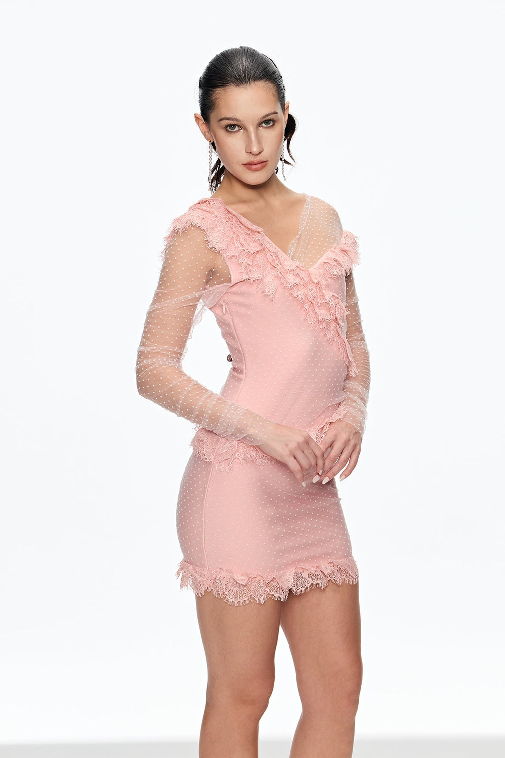 aurora Mesh Dot Ruch Mini Dress Avalabel