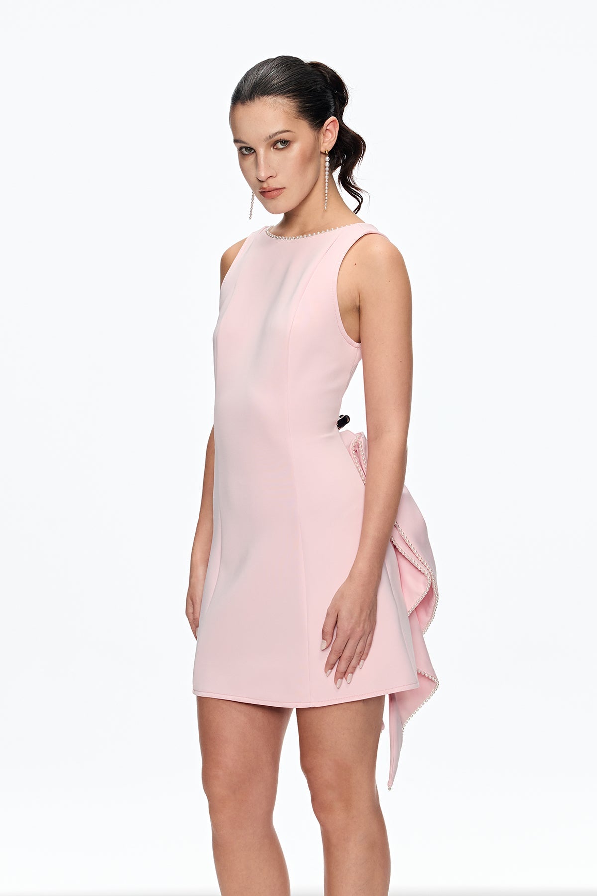 Bernice Pearl Bow Backless Mini Dress in Pink Avalabel