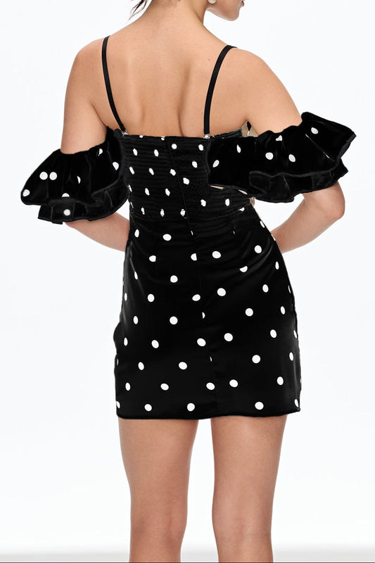 hermosa Dot Off Shoulder Mini Dress In Black