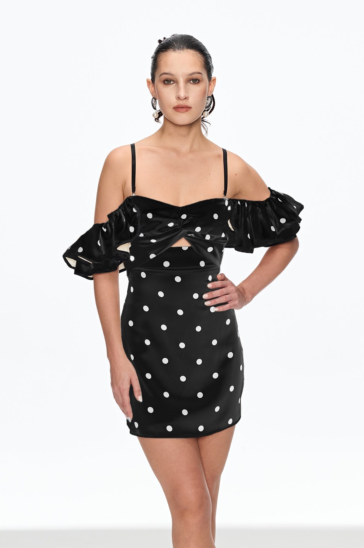 hermosa Dot Off Shoulder Mini Dress In Black Avalabel