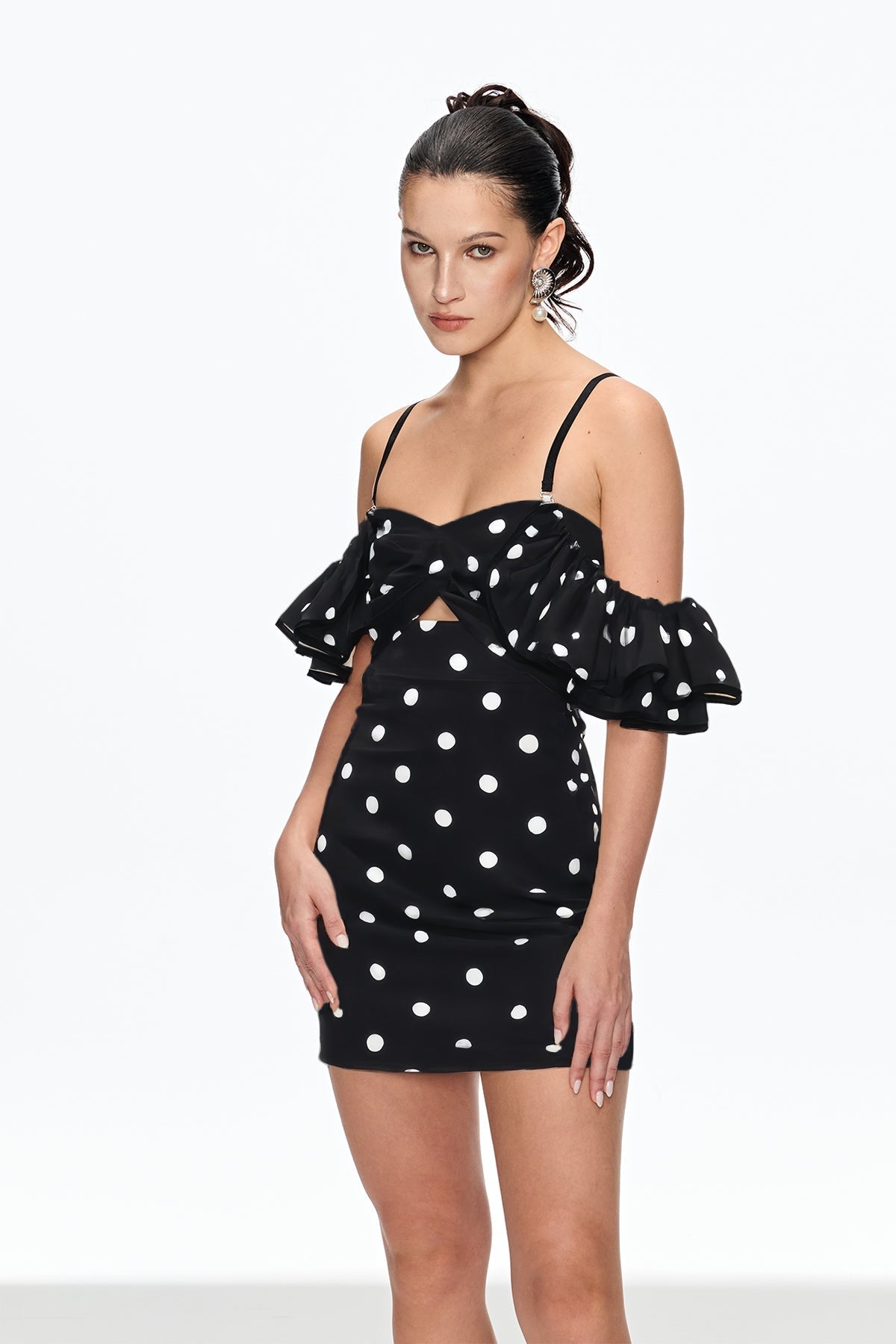 hermosa Dot Off Shoulder Mini Dress In Black Avalabel