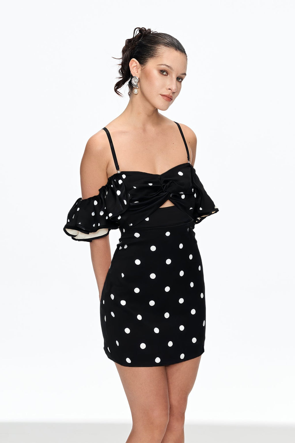 hermosa Dot Off Shoulder Mini Dress In Black Avalabel