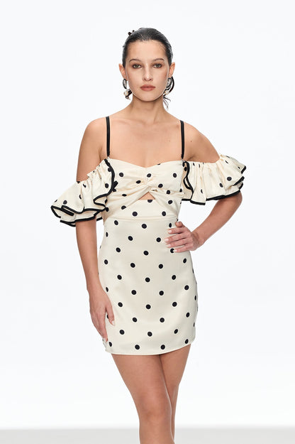 hermosa Dot Off Shoulder Mini Dress In White