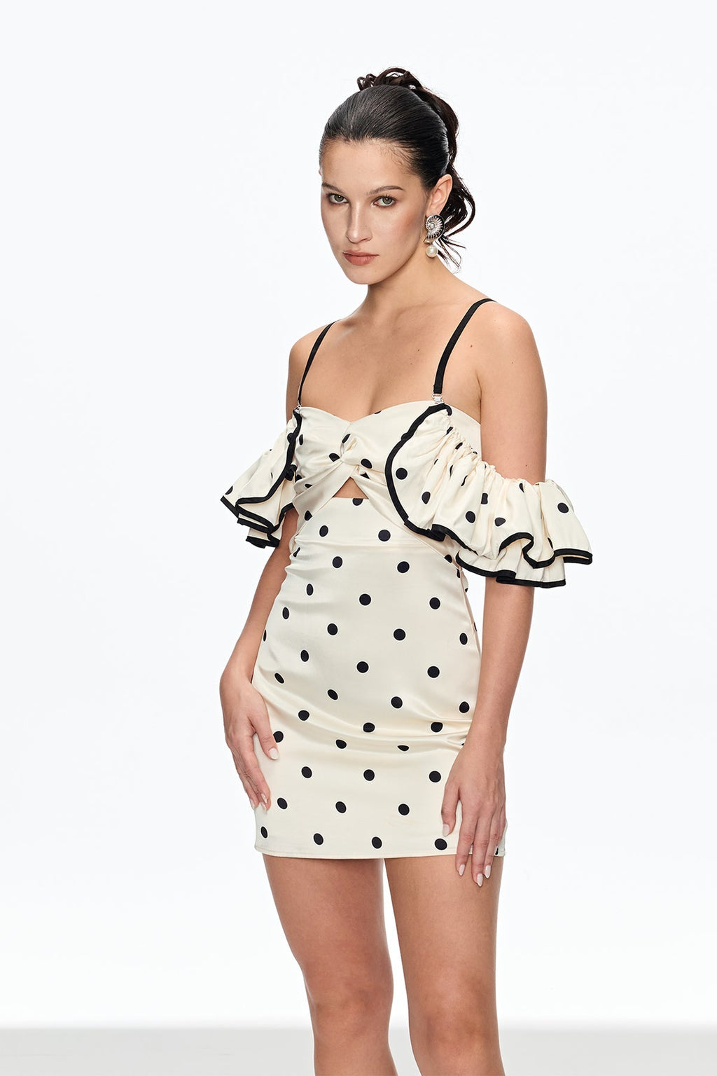 hermosa Dot Off Shoulder Mini Dress In White Avalabel