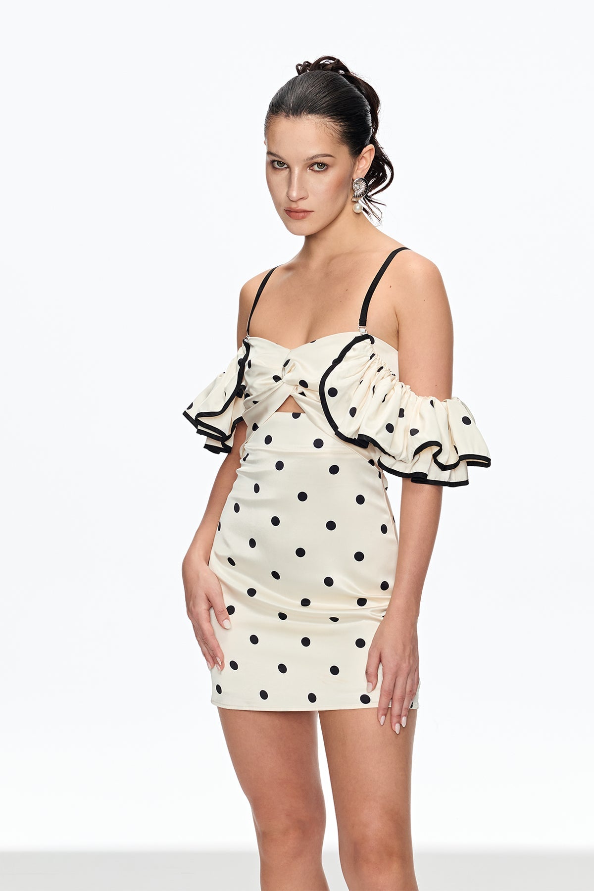 hermosa Dot Off Shoulder Mini Dress In White Avalabel