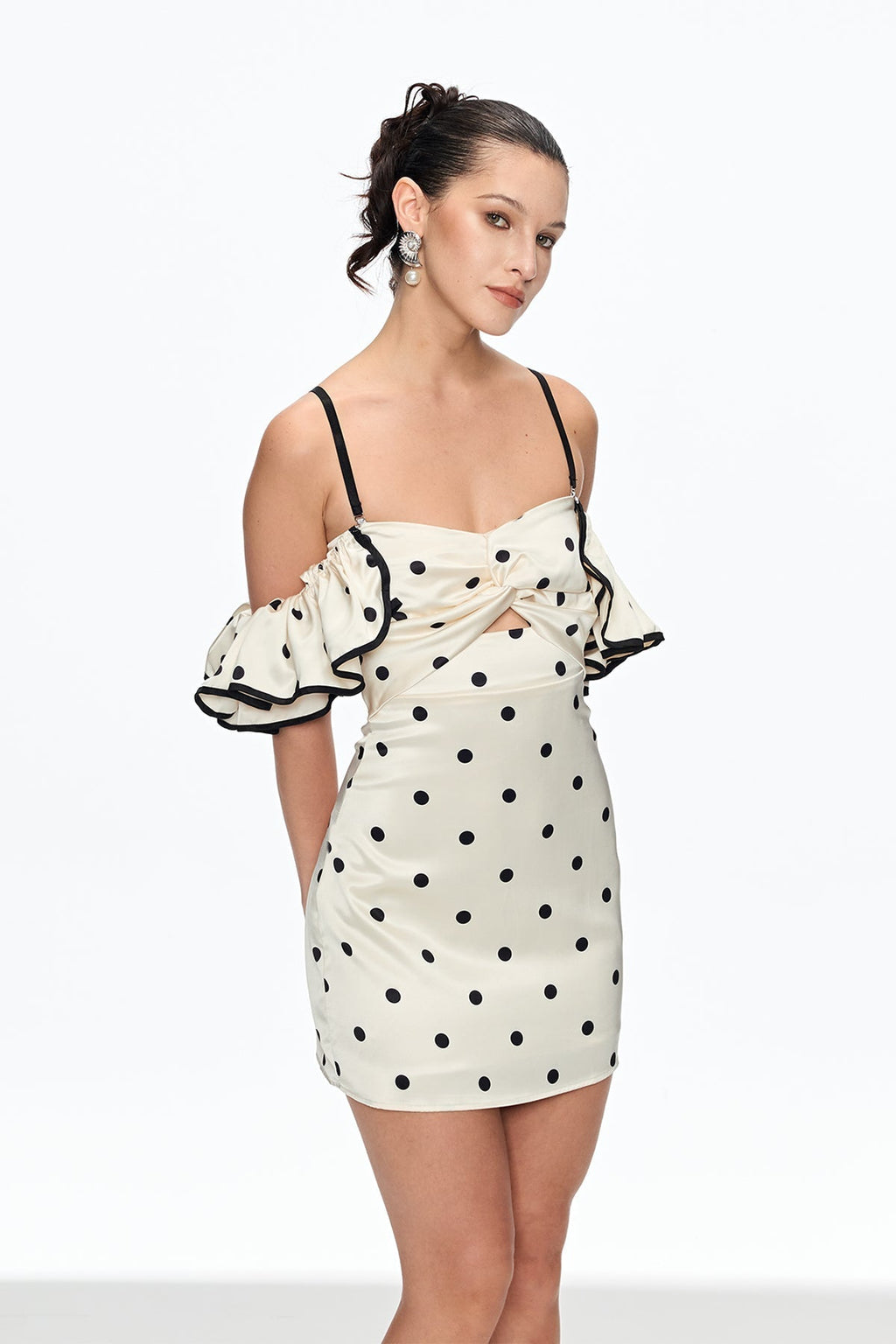 hermosa Dot Off Shoulder Mini Dress In White Avalabel