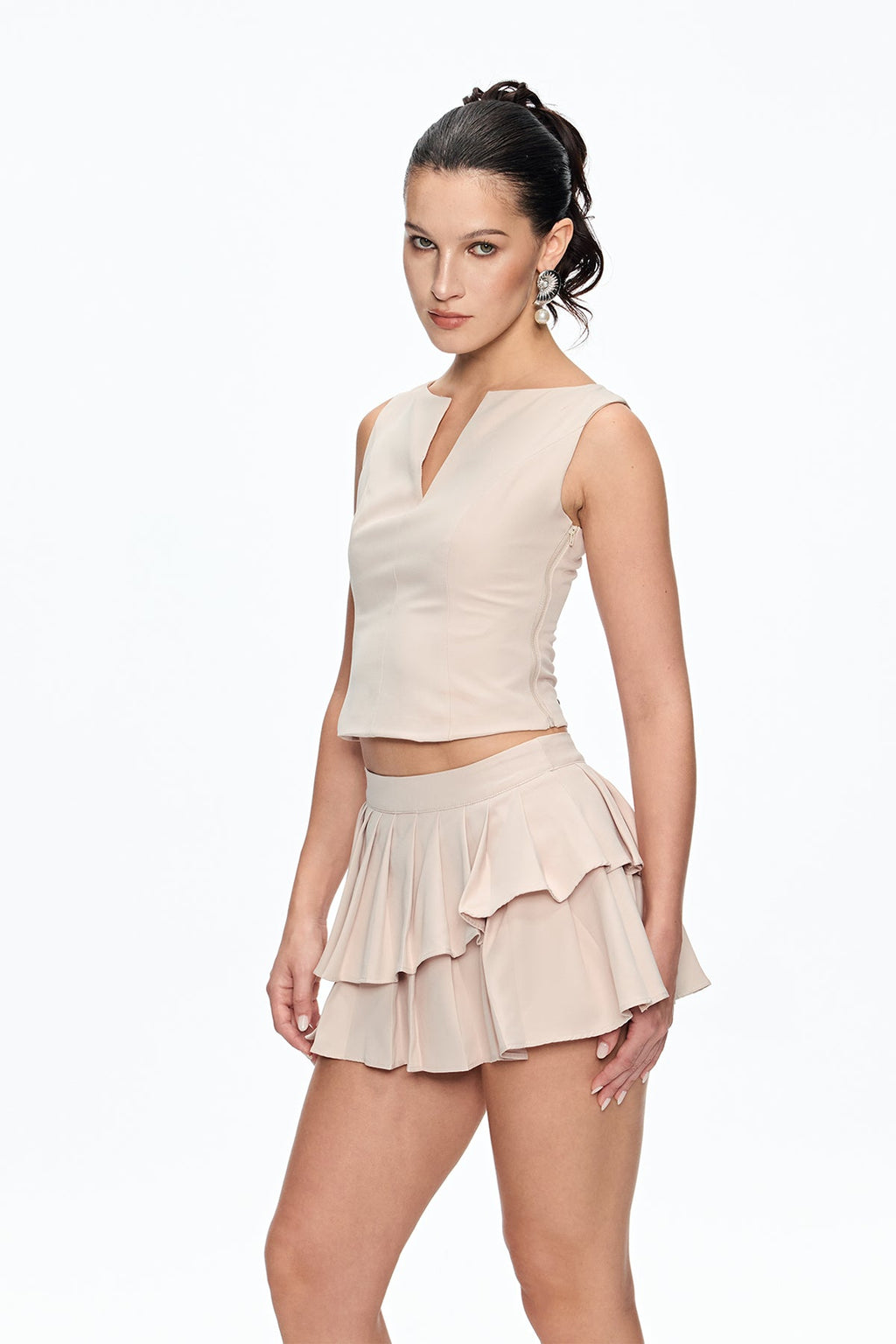 elvira Sleeveless Ruffle Skirt Set in beige Avalabel