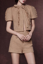 Elva Brown Flower Embellished Tweed Cardigan Shorts Set Avalabel