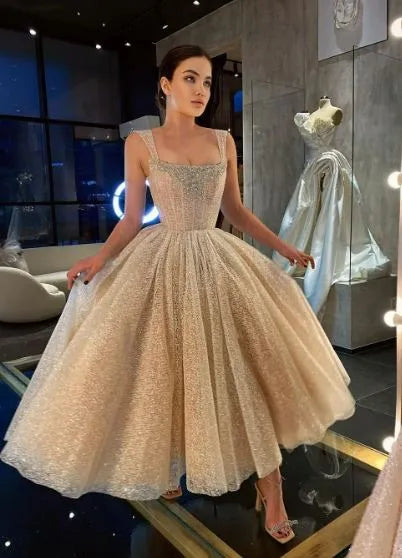 A-Line Glitter Sleeveless Light Champagne Wedding Dresses Avalabel