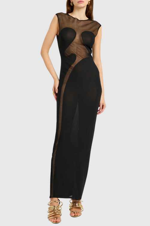 Carmina Mesh Paneled Maxi Bandage Dress in Black Avalabel
