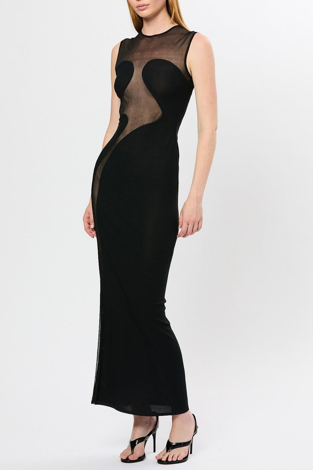 Carmina Mesh Paneled Maxi Bandage Dress in Black Avalabel