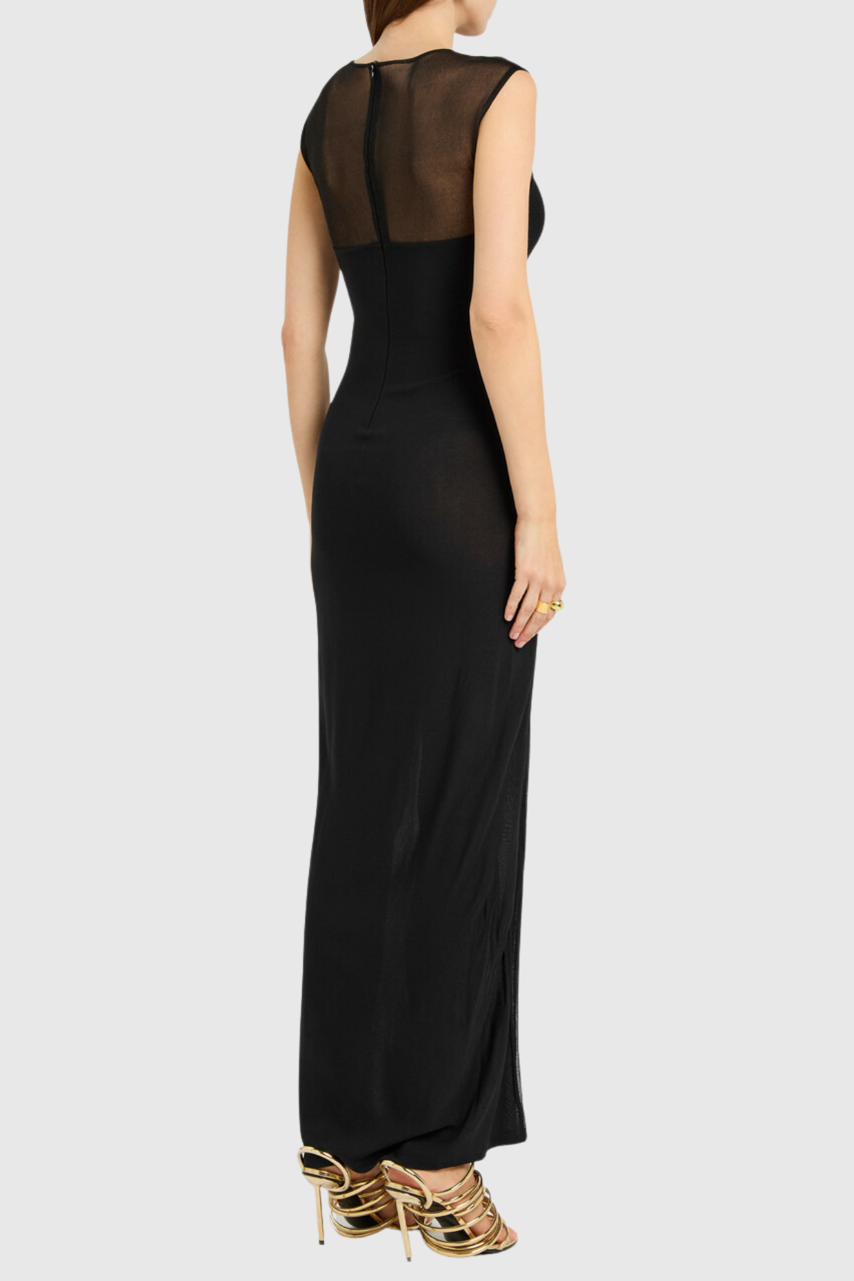Carmina Mesh Paneled Maxi Bandage Dress in Black Avalabel