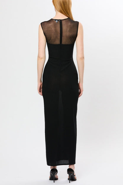 Carmina Mesh Paneled Maxi Bandage Dress in Black