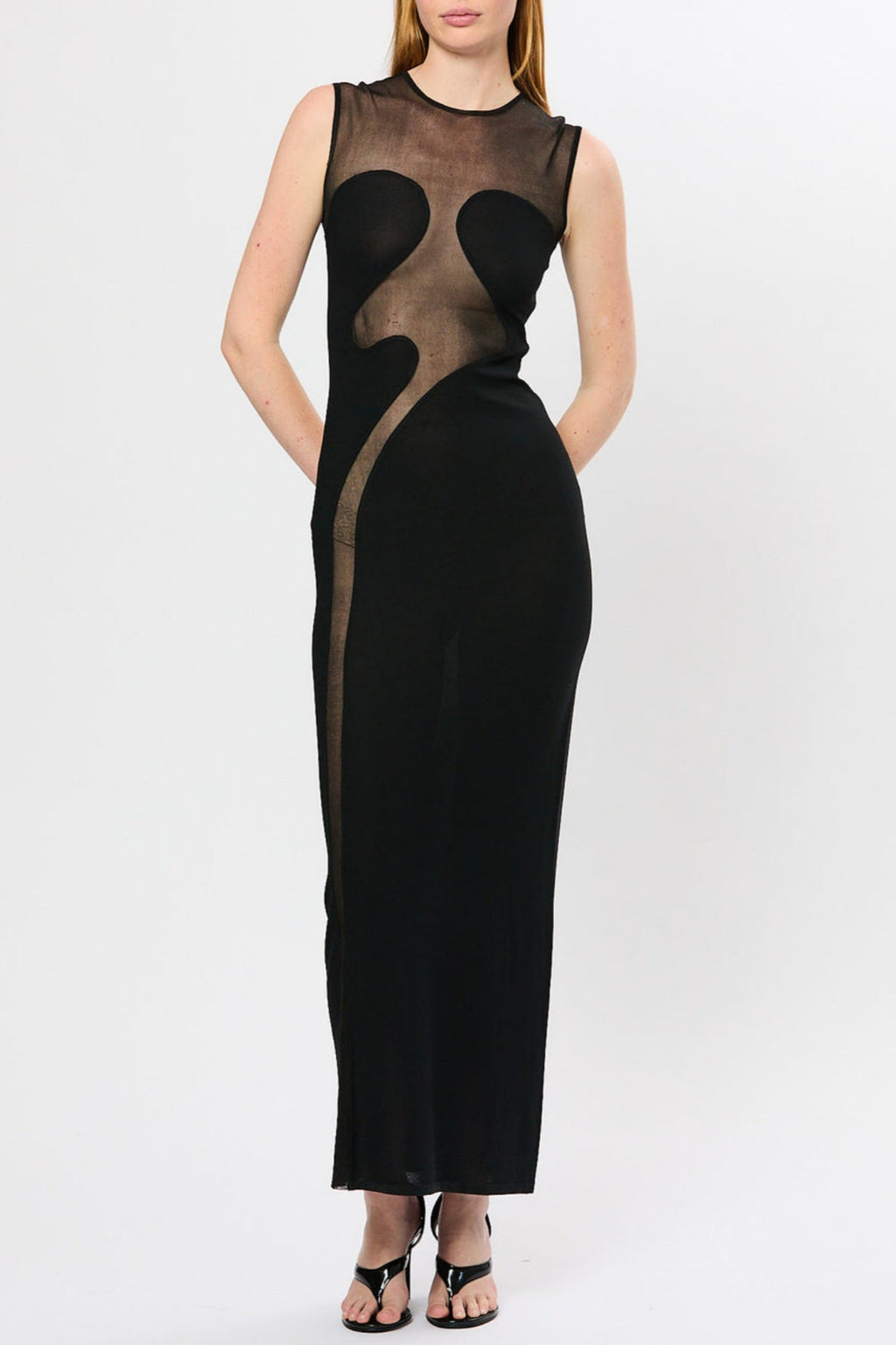 Carmina Mesh Paneled Maxi Bandage Dress in Black Avalabel
