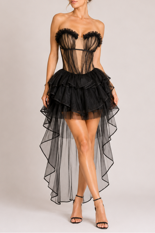Black Strapless Ruffle Mesh Corset Top & High Low Tulle Skirt Set Avalabel