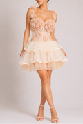 Blush Spaghetti Strap 3D Floral Corset Top & High Low Tiered Tulle Skirt Set Avalabel