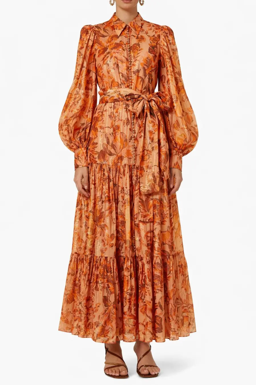 kelly Printed Balloon Sleeve Maxi Dress in brown Avalabel