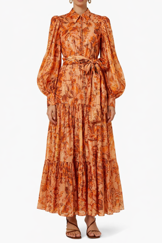 kelly Printed Balloon Sleeve Maxi Dress in brown